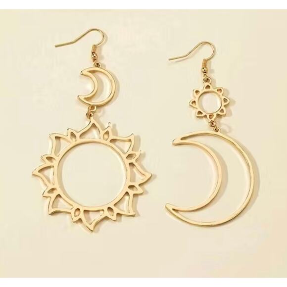Gold Sun and Moon Drop Earrings - Picture 1 of 1
